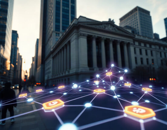 Digital blockchain overlay on financial district skyline representing tokenized securities infrastructure