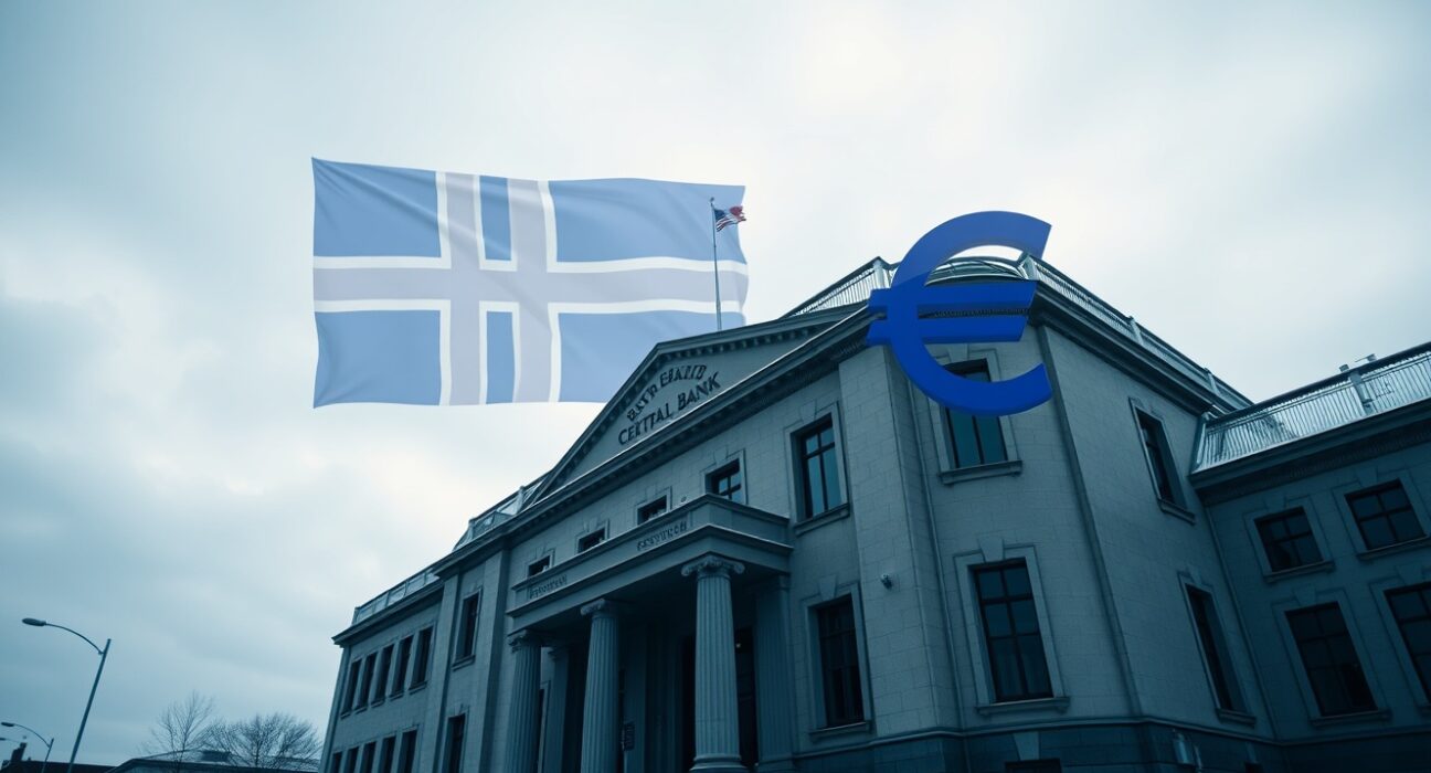 Icelandic Central Bank building in Reykjavik with a moody sky and a subtle euro symbol overlay, representing the currency debate.