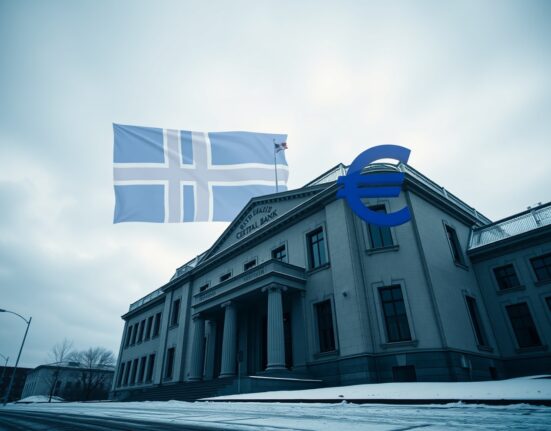 Icelandic Central Bank building in Reykjavik with a moody sky and a subtle euro symbol overlay, representing the currency debate.