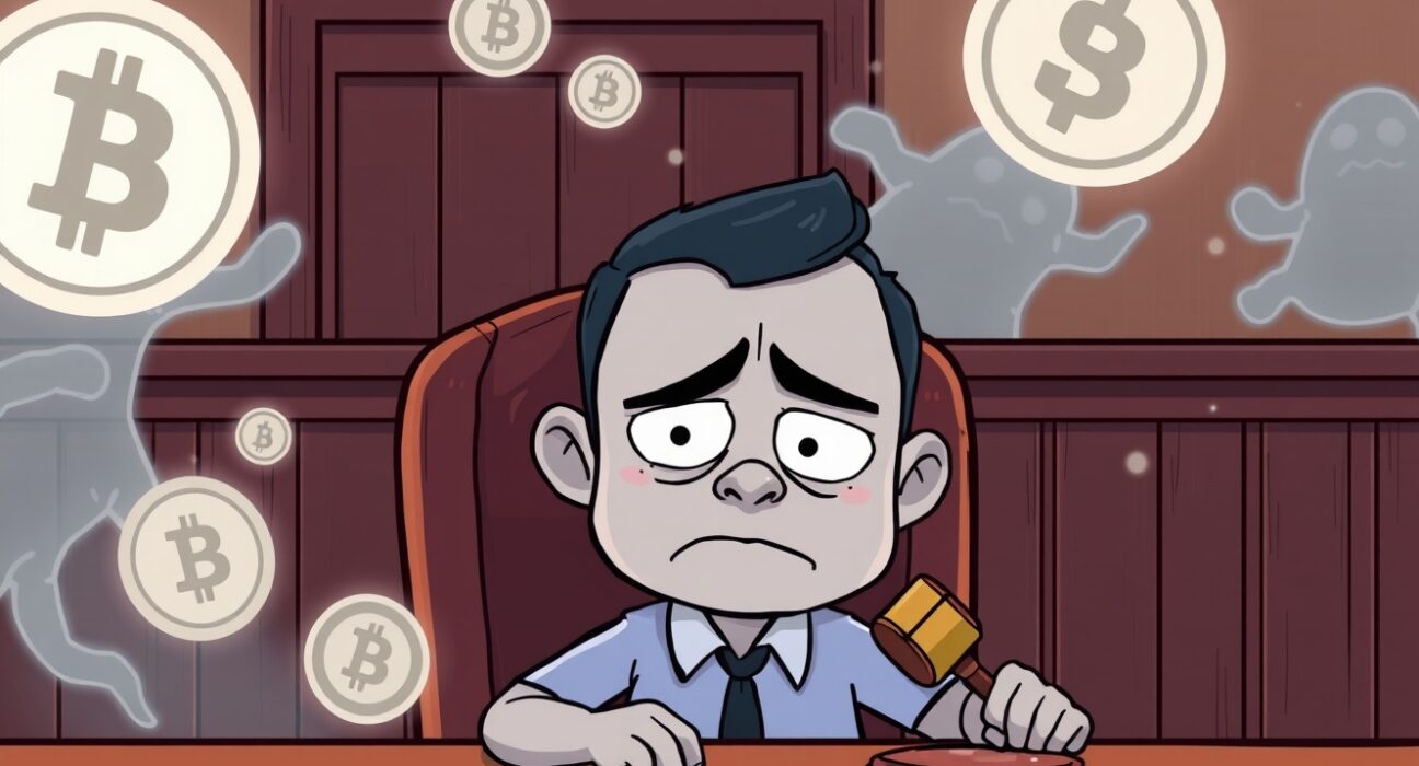 Cartoon courtroom scene depicting justice served in the IcomTech crypto scam case.