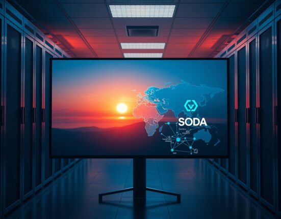 Icon blockchain network sunset and migration to SODA token countdown displayed on a server room screen