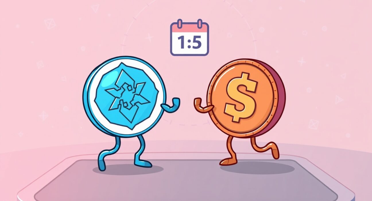 A cartoon image illustrating the seamless ICON SODA migration, showing ICX tokens transforming into SODA tokens on a digital interface.