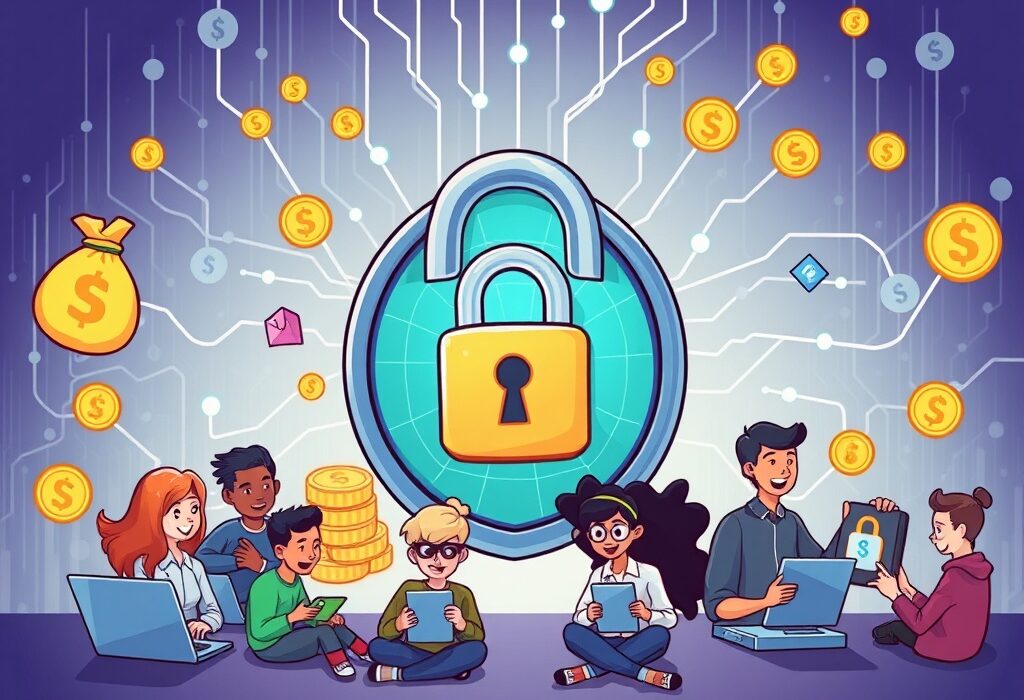 Cartoon illustration showing robust identity-first security protecting digital interactions, symbolizing 1Kosmos's significant funding boost.