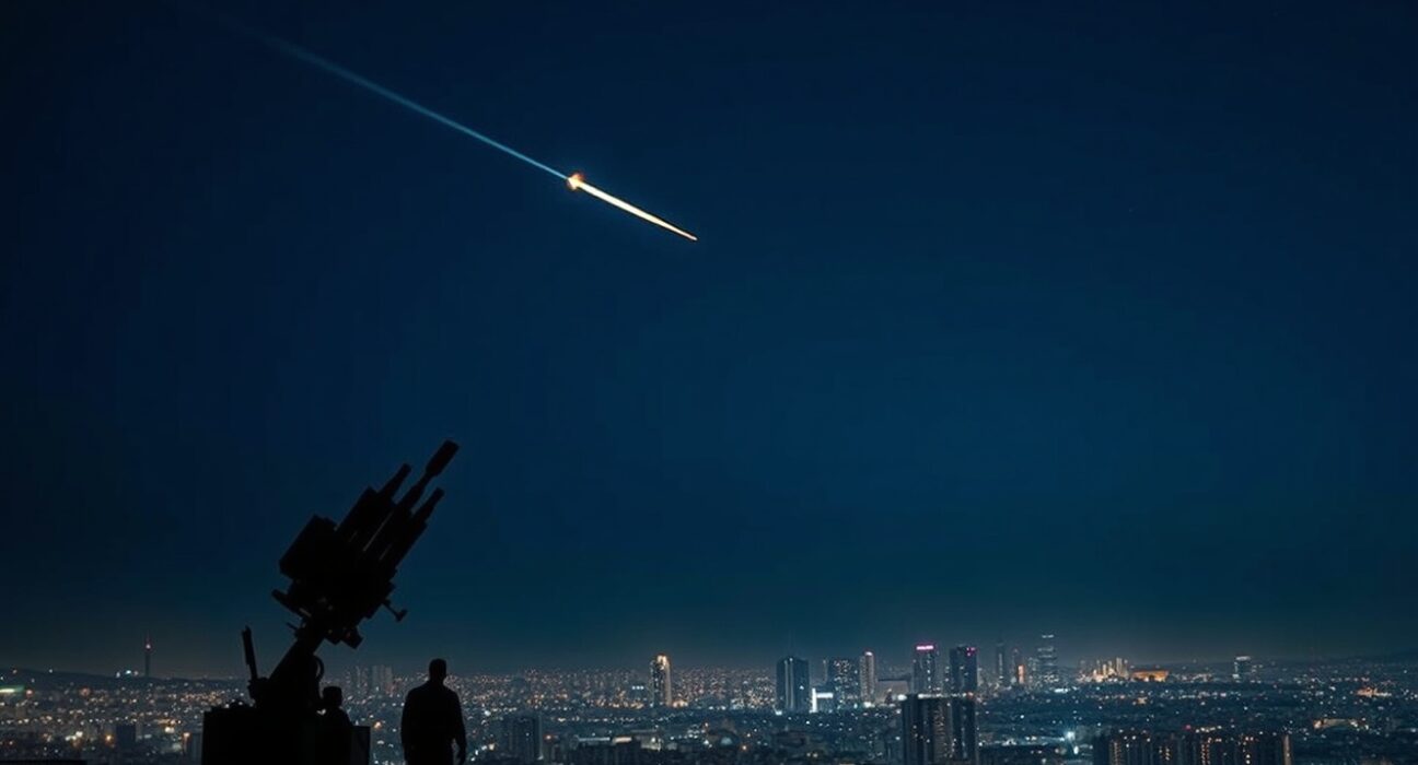 IDF Iron Dome system intercepting missile threat over Tel Aviv skyline at night.