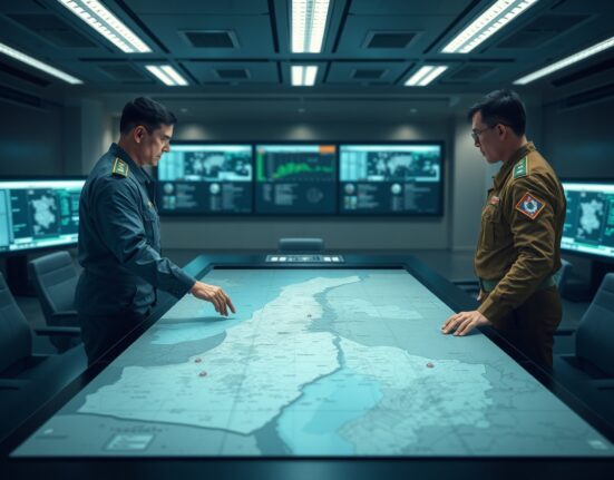 IDF officers analyzing a strategic military map of the Lebanon border conflict situation.