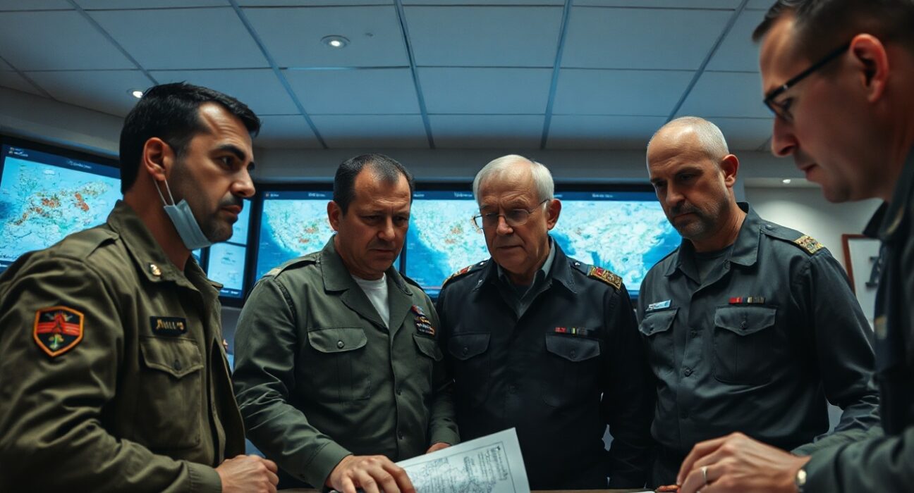 Israeli military personnel in a command center discussing operational plans