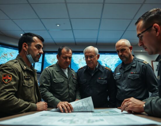 Israeli military personnel in a command center discussing operational plans