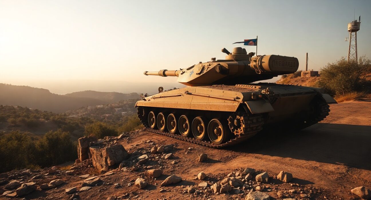 Israeli Merkava tank stationed on a hill in southern Lebanon during a security deployment.