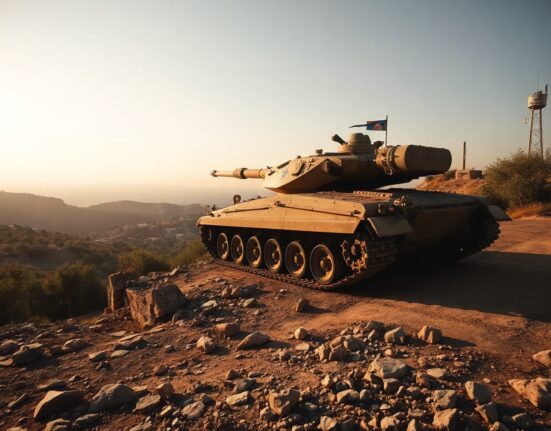 Israeli Merkava tank stationed on a hill in southern Lebanon during a security deployment.