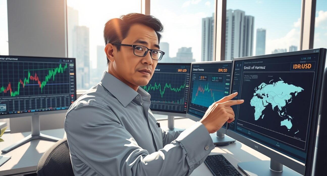 Financial analyst monitoring IDR exchange rate and Strait of Hormuz geopolitical risks in Jakarta office