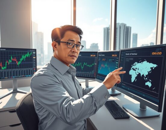 Financial analyst monitoring IDR exchange rate and Strait of Hormuz geopolitical risks in Jakarta office