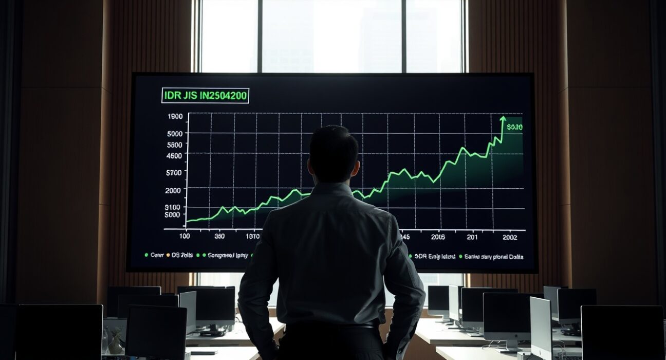 Financial analyst monitoring IDR exchange rate chart in Jakarta office