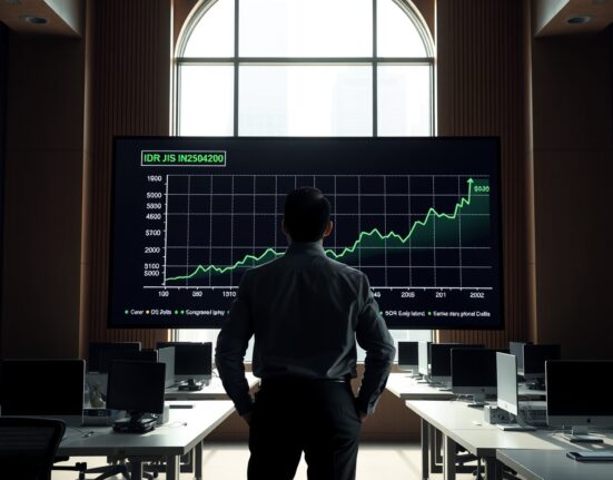 Financial analyst monitoring IDR exchange rate chart in Jakarta office