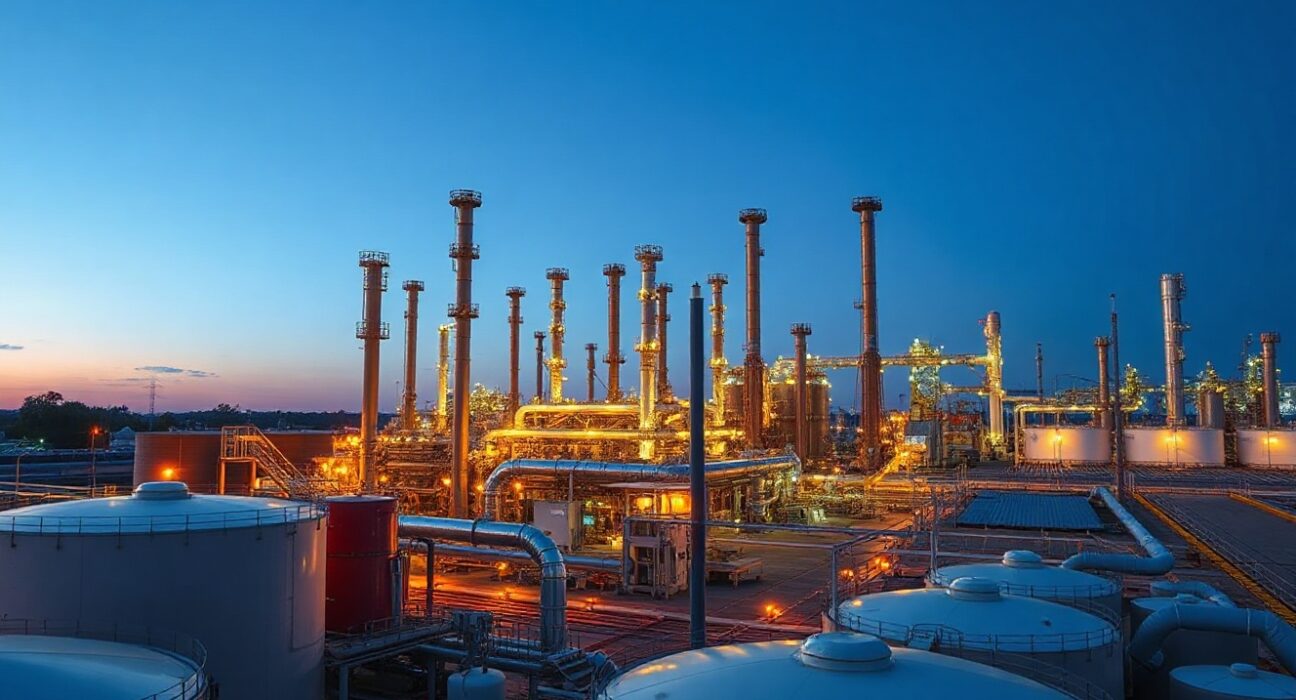 Oil refinery at dusk with storage tanks and pipelines, illustrating global oil supply concerns