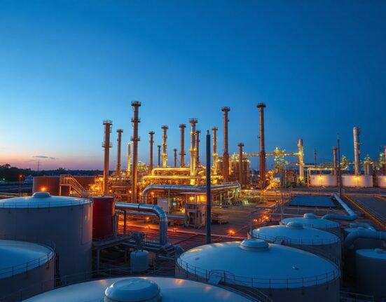 Oil refinery at dusk with storage tanks and pipelines, illustrating global oil supply concerns