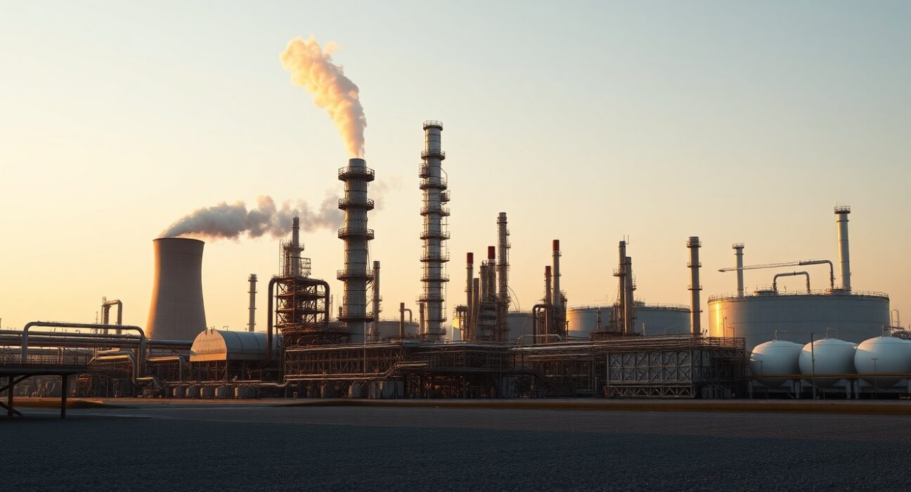 Oil refinery complex at dusk illustrating global energy demand and supply