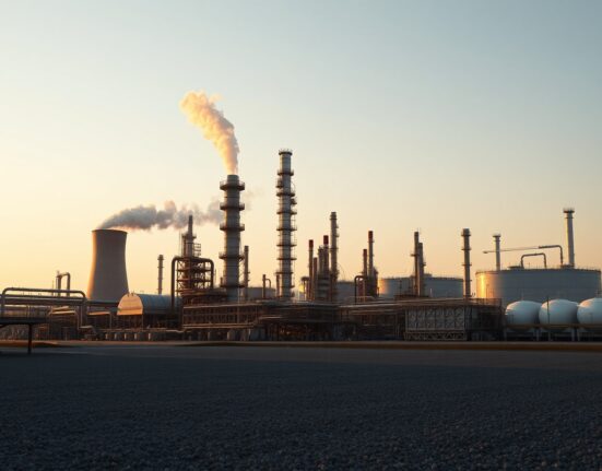 Oil refinery complex at dusk illustrating global energy demand and supply
