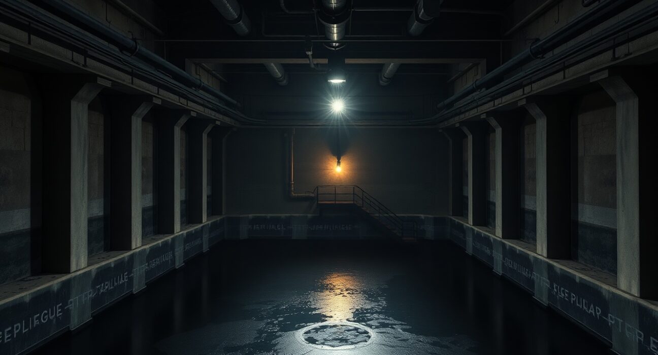 Low crude oil levels inside a strategic petroleum reserve cavern, highlighting depletion.