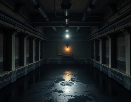 Low crude oil levels inside a strategic petroleum reserve cavern, highlighting depletion.