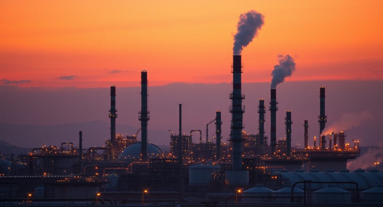 Aerial view of an oil refinery at sunset, symbolizing the global oil supply decline forecast by the IEA.