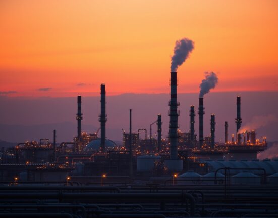 Aerial view of an oil refinery at sunset, symbolizing the global oil supply decline forecast by the IEA.
