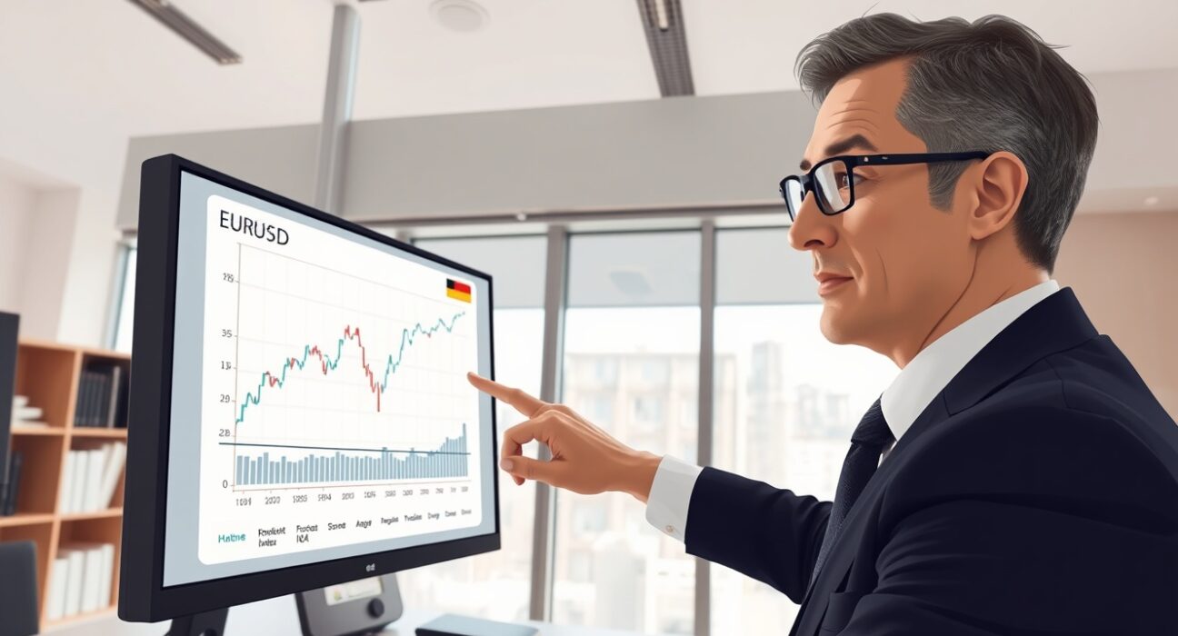 Financial analyst analyzing IFO German Survey data and EUR/USD chart for market impact