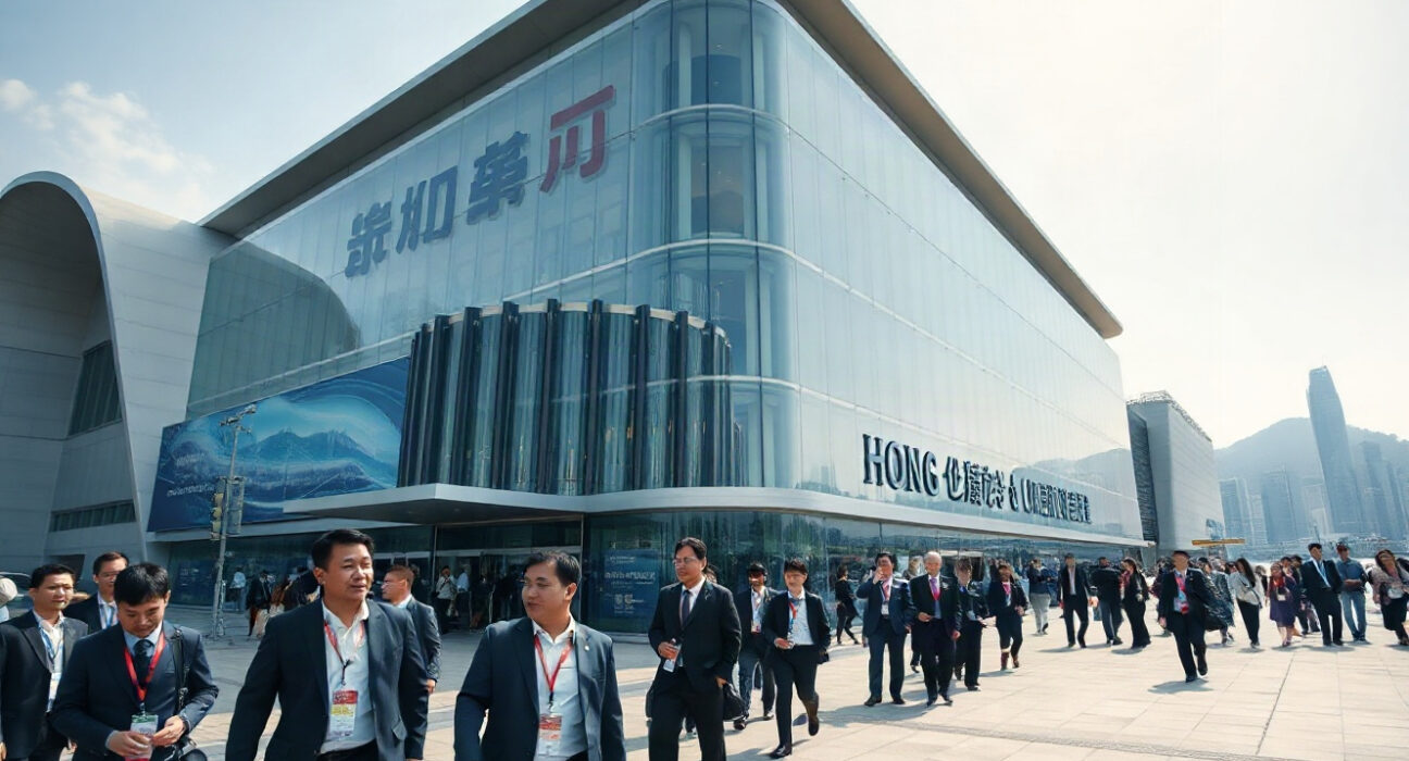 Hong Kong Convention and Exhibition Centre, venue for iFX EXPO Asia 2026, with professionals entering.