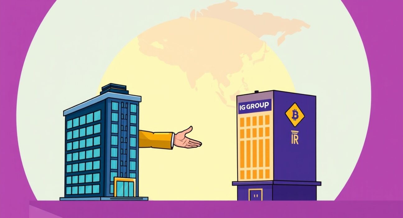 Cartoon showing IG Group's strategic IG Group acquisition of Independent Reserve, symbolizing expanded reach in the Asia-Pacific crypto market.