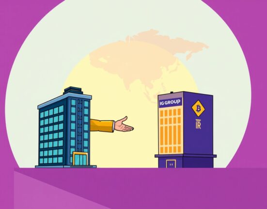 Cartoon showing IG Group's strategic IG Group acquisition of Independent Reserve, symbolizing expanded reach in the Asia-Pacific crypto market.