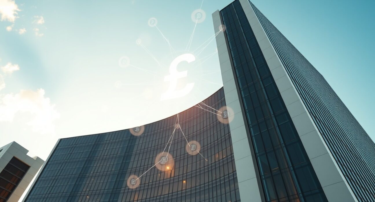 Abu Dhabi IHC headquarters with digital Dirham and blockchain network overlay symbolizing a $30 million stablecoin transaction