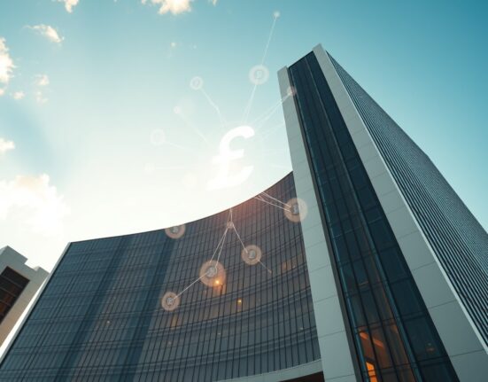 Abu Dhabi IHC headquarters with digital Dirham and blockchain network overlay symbolizing a $30 million stablecoin transaction