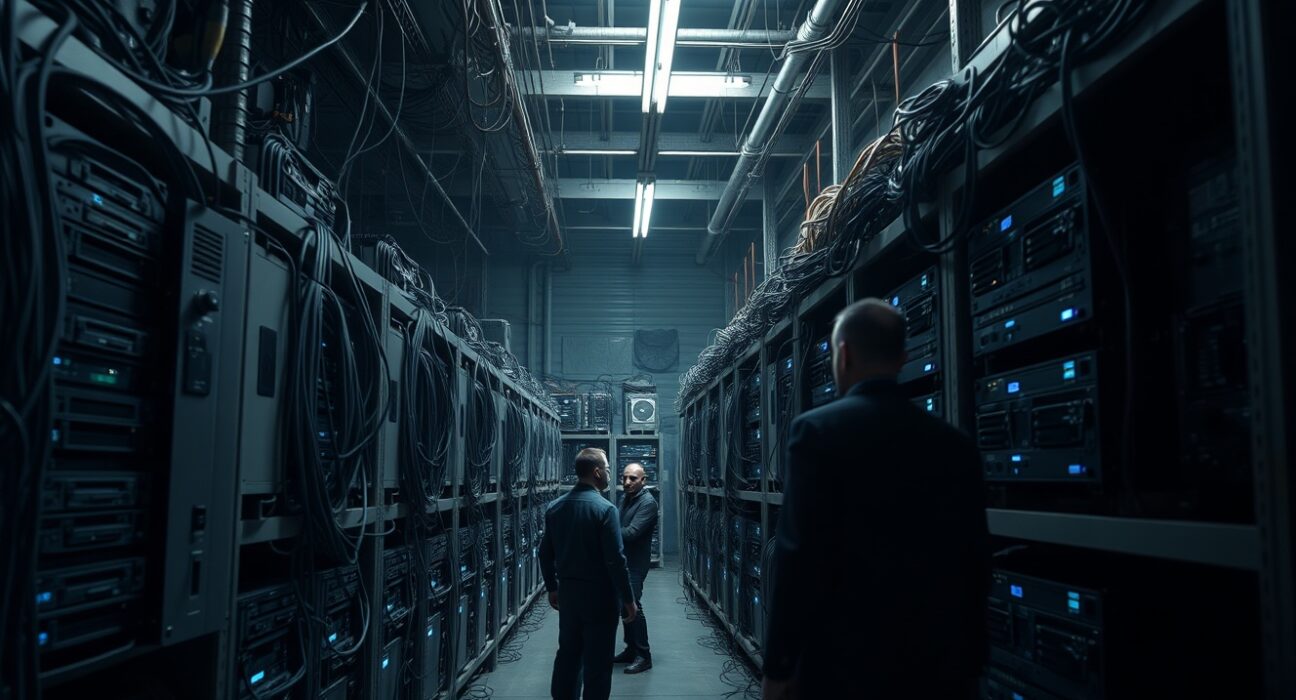 Interior of an illegal cryptocurrency mining farm in Russia with rows of mining rigs and authorities inspecting the equipment.