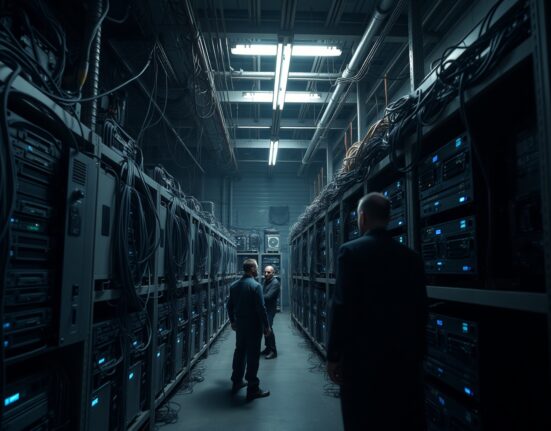 Interior of an illegal cryptocurrency mining farm in Russia with rows of mining rigs and authorities inspecting the equipment.