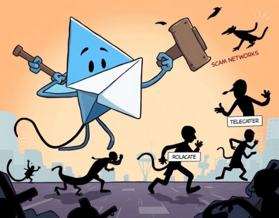 A cartoon illustration showing Telegram cracking down on illicit crypto activity, with scam networks shifting tactics.