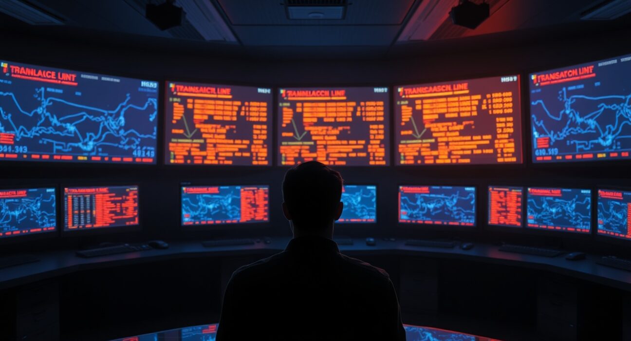 Dark surveillance control room monitoring blockchain transactions and flagged wallet addresses