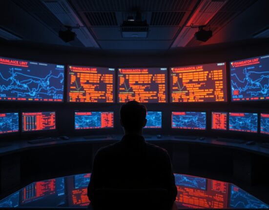 Dark surveillance control room monitoring blockchain transactions and flagged wallet addresses