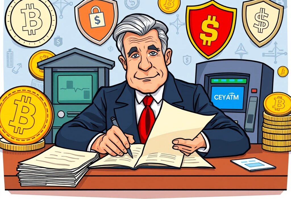 A cartoon illustration symbolizing strong crypto consumer protections being enacted in Illinois, with digital assets and secure ATMs.