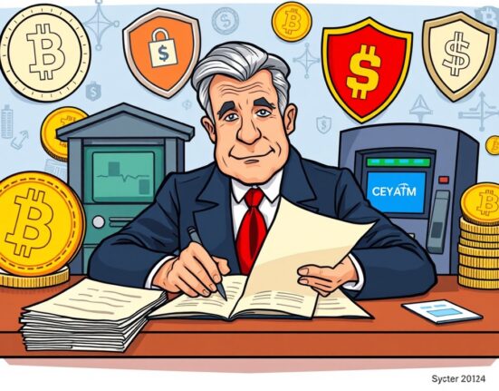 A cartoon illustration symbolizing strong crypto consumer protections being enacted in Illinois, with digital assets and secure ATMs.