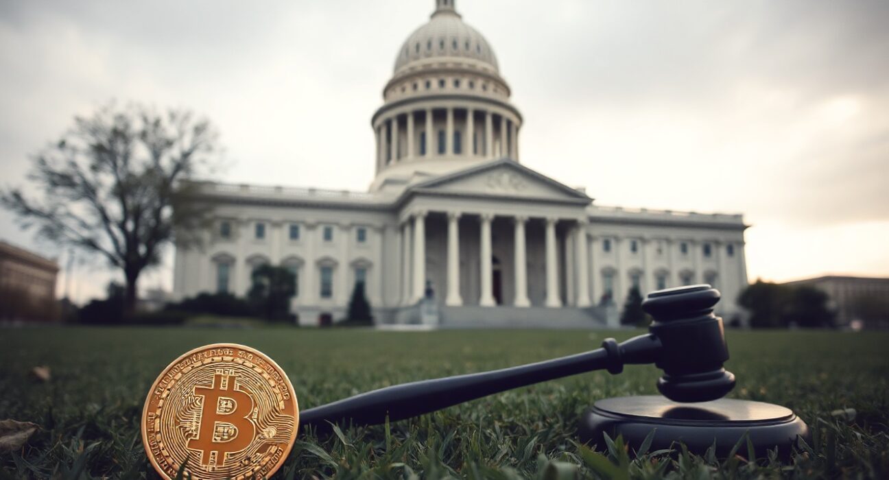 Illinois State Capitol building with a Bitcoin coin and gavel in the foreground, symbolizing crypto regulation debate.
