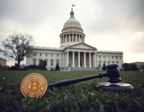 Illinois State Capitol building with a Bitcoin coin and gavel in the foreground, symbolizing crypto regulation debate.