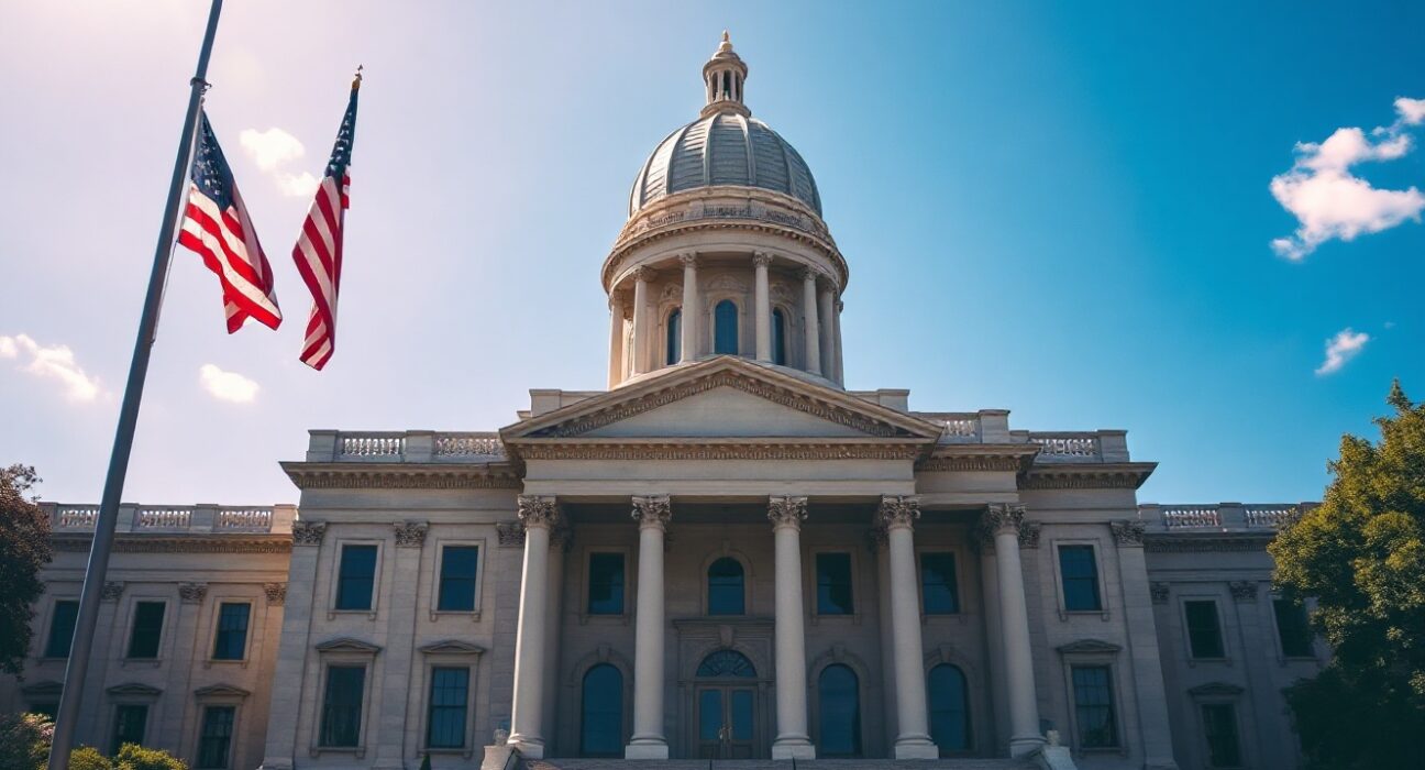 Illinois State Capitol building in Springfield on a sunny day, representing state budget legislation