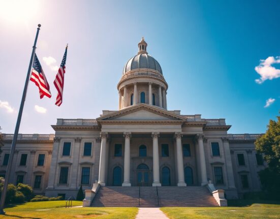 Illinois State Capitol building in Springfield on a sunny day, representing state budget legislation