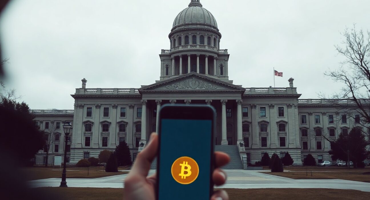 Illinois State Capitol building with a person looking at a Bitcoin symbol on a smartphone in the foreground.