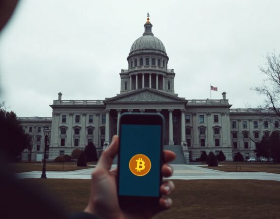 Illinois State Capitol building with a person looking at a Bitcoin symbol on a smartphone in the foreground.