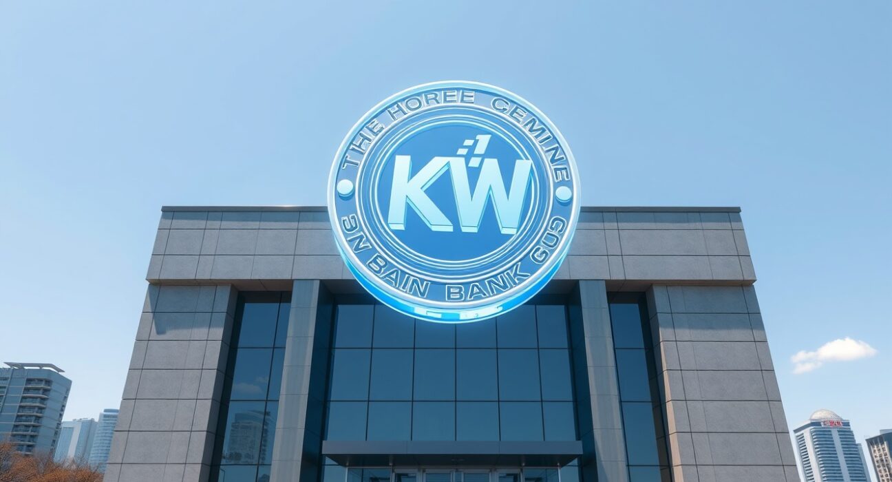 iM Bank building in Seoul with a digital KRW stablecoin symbol hovering above, representing South Korea's first bank-led stablecoin ecosystem.