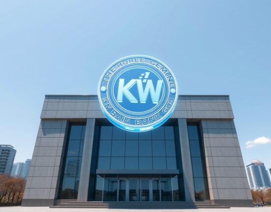 iM Bank building in Seoul with a digital KRW stablecoin symbol hovering above, representing South Korea's first bank-led stablecoin ecosystem.