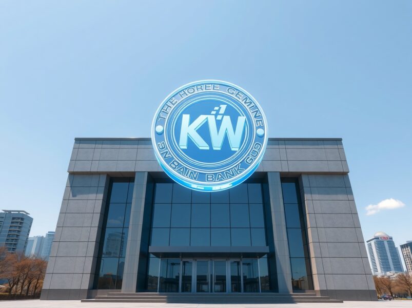 iM Bank building in Seoul with a digital KRW stablecoin symbol hovering above, representing South Korea's first bank-led stablecoin ecosystem.