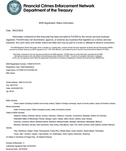 Axtorin Exchange Completes U.S. MSB Registration With FinCEN, Advancing Its Global Compliance Framework