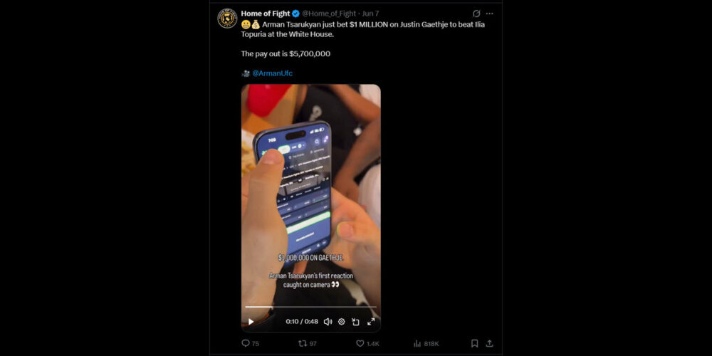 Arman Tsarukyan reacts on camera after placing a $1 million bet on jack.com on Justin Gaethje at UFC Freedom 250, which paid out $5.7 million.