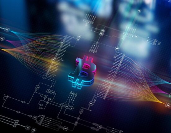 Bitcoin symbol with digital data flows and network connections